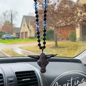 Cráneo de búfalo espejo retrovisor, retrovisor occidental, retrovisor de piedra azul, encanto del espejo del coche, adorno de joyería, cráneo de vaca, regalo de vaquero, día del padre