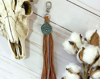 Leather Tassel Keychain, Boho Western Bag Charm, Horse Accessory