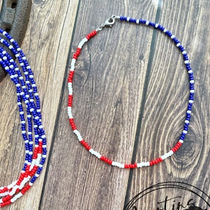 American Flag Seed Bead Choker Necklace, Western Style, Adjustable Chocker, Handmade Boho Chocker, 4th of July Accessories, Patriotic