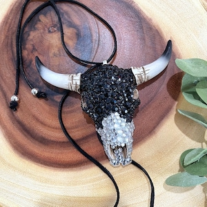 Bull Head RearView Mirror, Black Western Buffalo Head, Gemstone Mirror Hanger, Ornament Boho, Car Accessory, Western Handmade, Decor Car