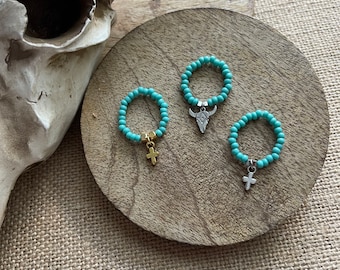 Seed Bead Ring, Turquoise Ring, Adjustable, Western Tribal Accessories, Handmade Ring, Boho Jewelry, Western Style, Skull Ring, Cross Ring
