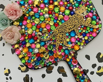 Handmade Rhinestone Cheetah Handheld Mirror, Jeweled Flower Decor
