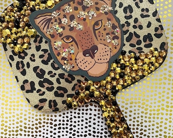Handmade Large Cheetah Mirror, Gems, Rhinestones, Flowers
