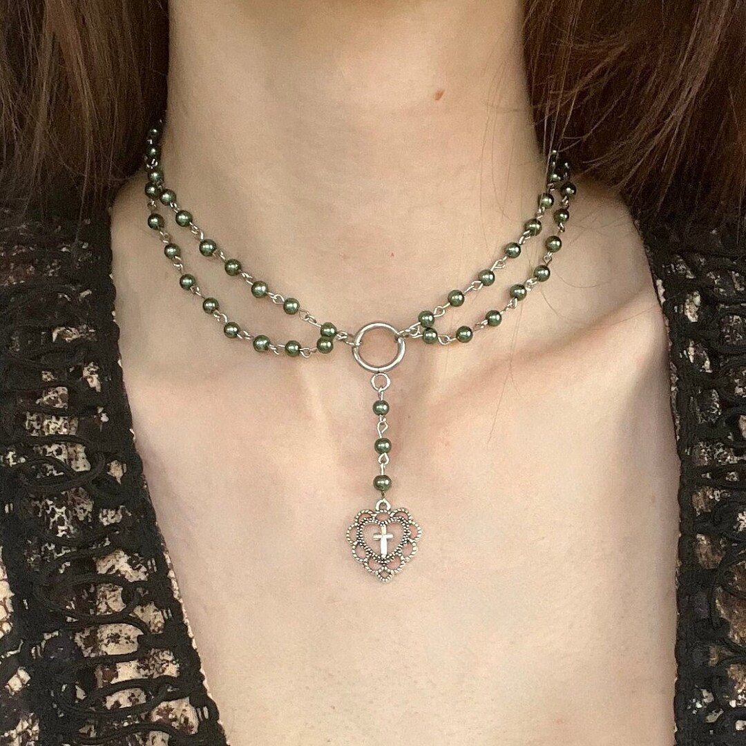 Beaded Rosary Necklace Choker Silver Y2k Rosaries Prayer Etsy
