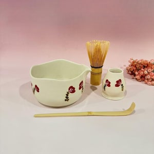 Red Rose Matcha Bowl, Personalized Painting Matcha Bowl, Matcha Bowl Set, 500ml Matcha Bowl 4-piece Set, Customizable Matcha Bowl