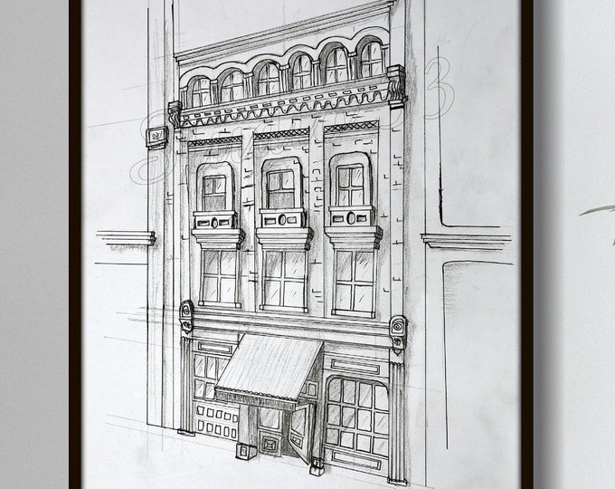 Store Front Pen and Ink Drawing, Vintage Old Fashion Theme Wall Art ...