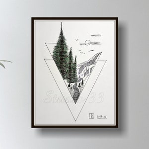 Mountain Landscape, Printable Pen and Ink Drawing, Mountain Valley, Scenic Mountain Stream Wall Art, Download Downloadable, Rural Wilderness