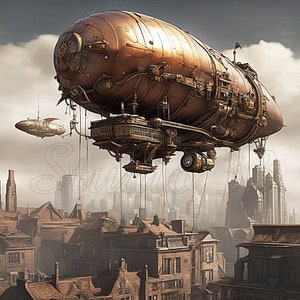 May include: A detailed, bronze-coloured airship, reminiscent of steampunk design, hovers above a city with brown buildings. The image features a smaller airship and a cloudy sky, creating a retro-futuristic atmosphere. The airship has many mechanical details.