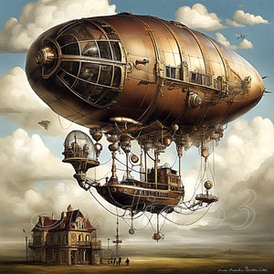 May include: A detailed illustration of a steampunk airship with a large, metallic body and intricate mechanical details. The airship floats above a landscape with a Victorian-style house and a cloudy sky. The color palette includes shades of brown, gold, and blue.