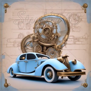 May include: A light blue vintage car with gold accents and white tires is featured in this image. Behind the car is a large clock mechanism with gears. The word "Studio 33" is written in cursive above the car.