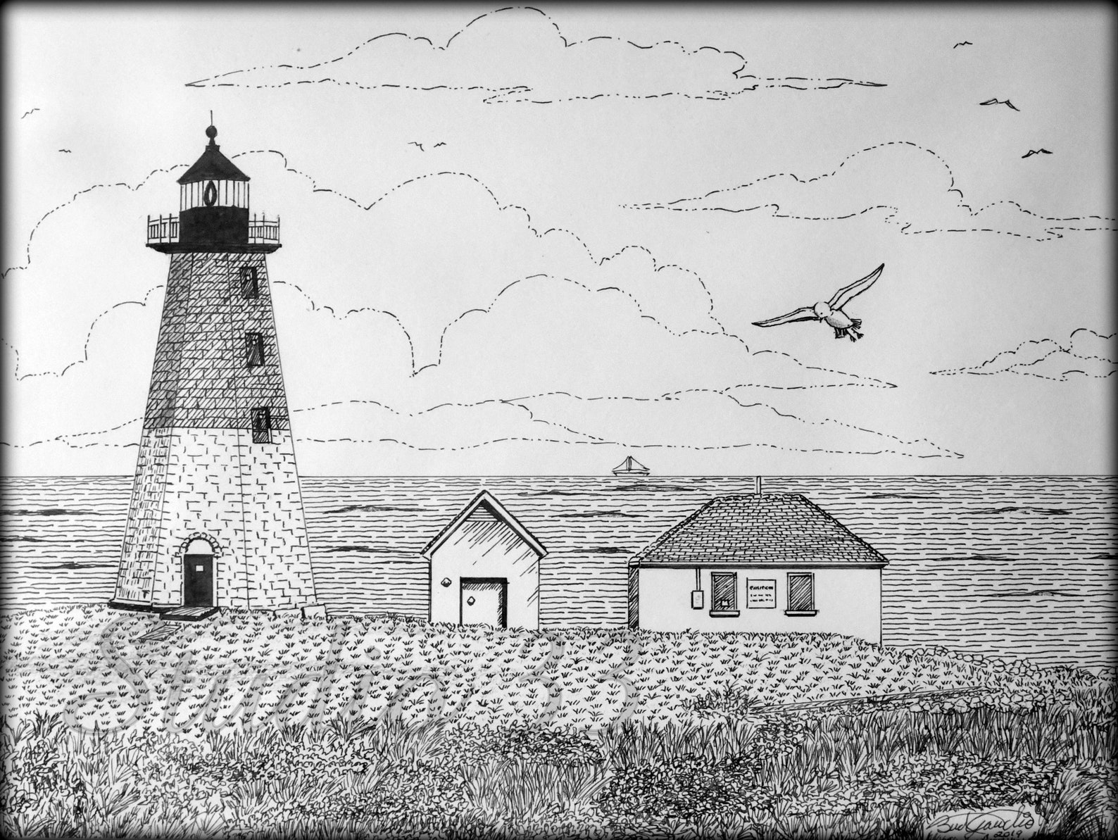 PRINTABLE Lighthouse Pen & Ink Drawing Seascape Wall Art Etsy