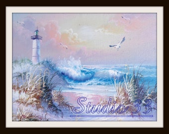 Original Lighthouse Reprint, Seashore, Ocean, Beach, Oil Painting Copy, Digital Reprint, Download, Downloadable, Reprintable