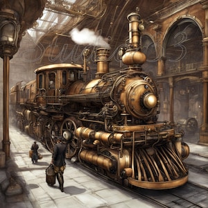 May include: An illustration of a vintage steam train in a station, rendered in shades of gold and brown. The train features complex mechanical details. Two figures are seen walking on the platform. The image has a historical and industrial aesthetic.