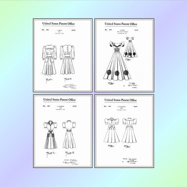 Womens 1940s Dress Prints, Vintage Dress Patents - Downloadable Set of 4 Dress Prints; Downloadable Authentic Fashion Design Patent Prints