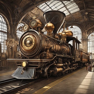 May include: A detailed steampunk-style train with brass and bronze accents, featuring multiple clocks and intricate mechanical details. The train is on a track inside a grand, arched-windowed station, evoking a vintage aesthetic.