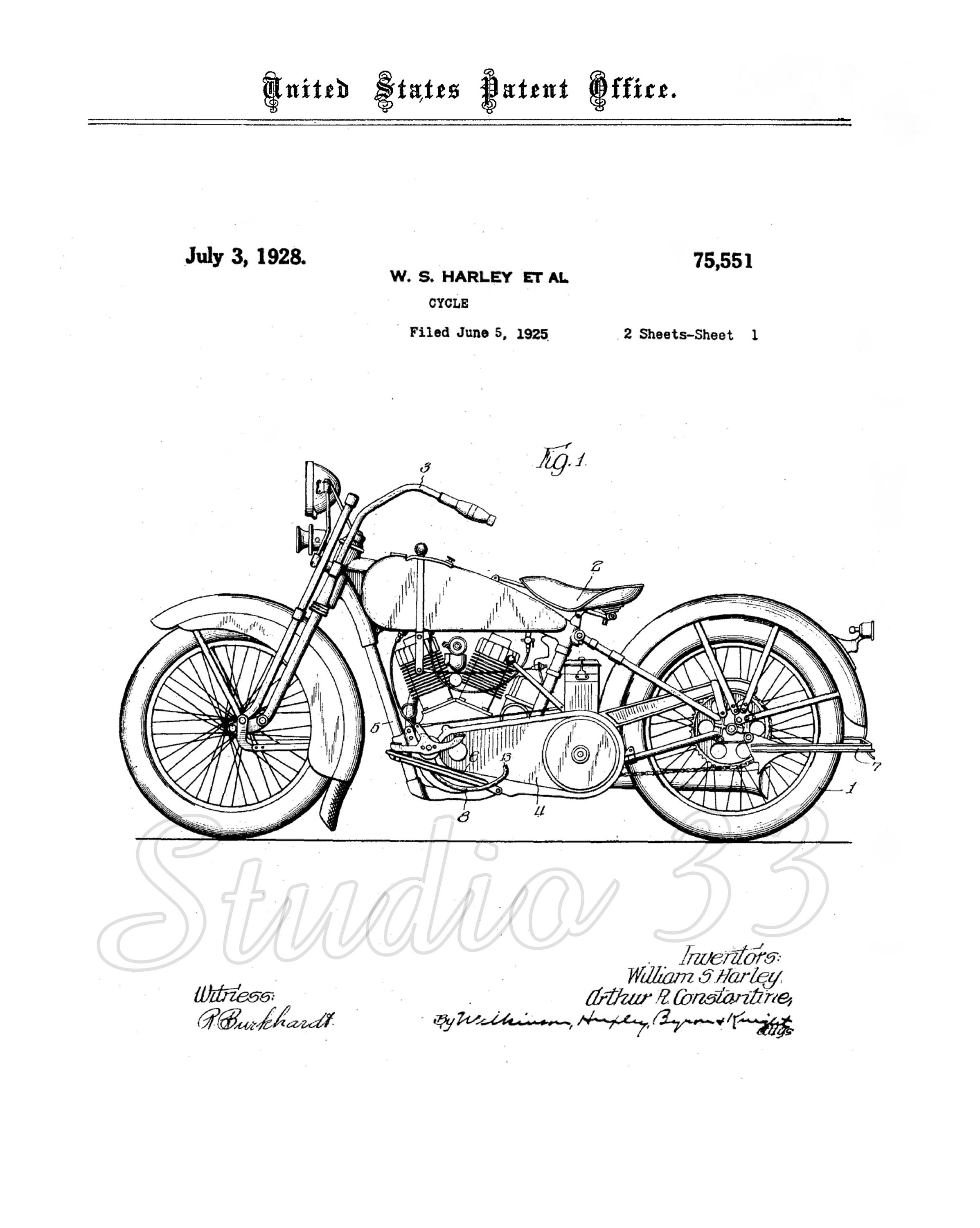 Official 1938 Harley Davidson US Patent Art Print - Vintage Antique Official 1938 Harley Davidson US Patent Art Print - Vintage Antique