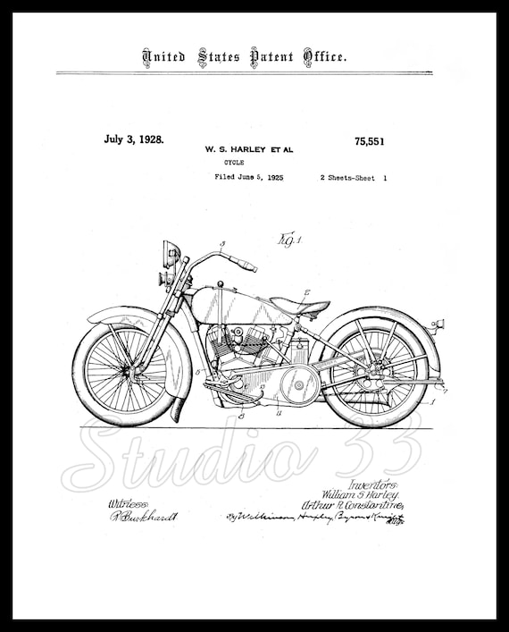 1928年ハーレーダビッドソンのオートバイ特許アート、スチームパンクな