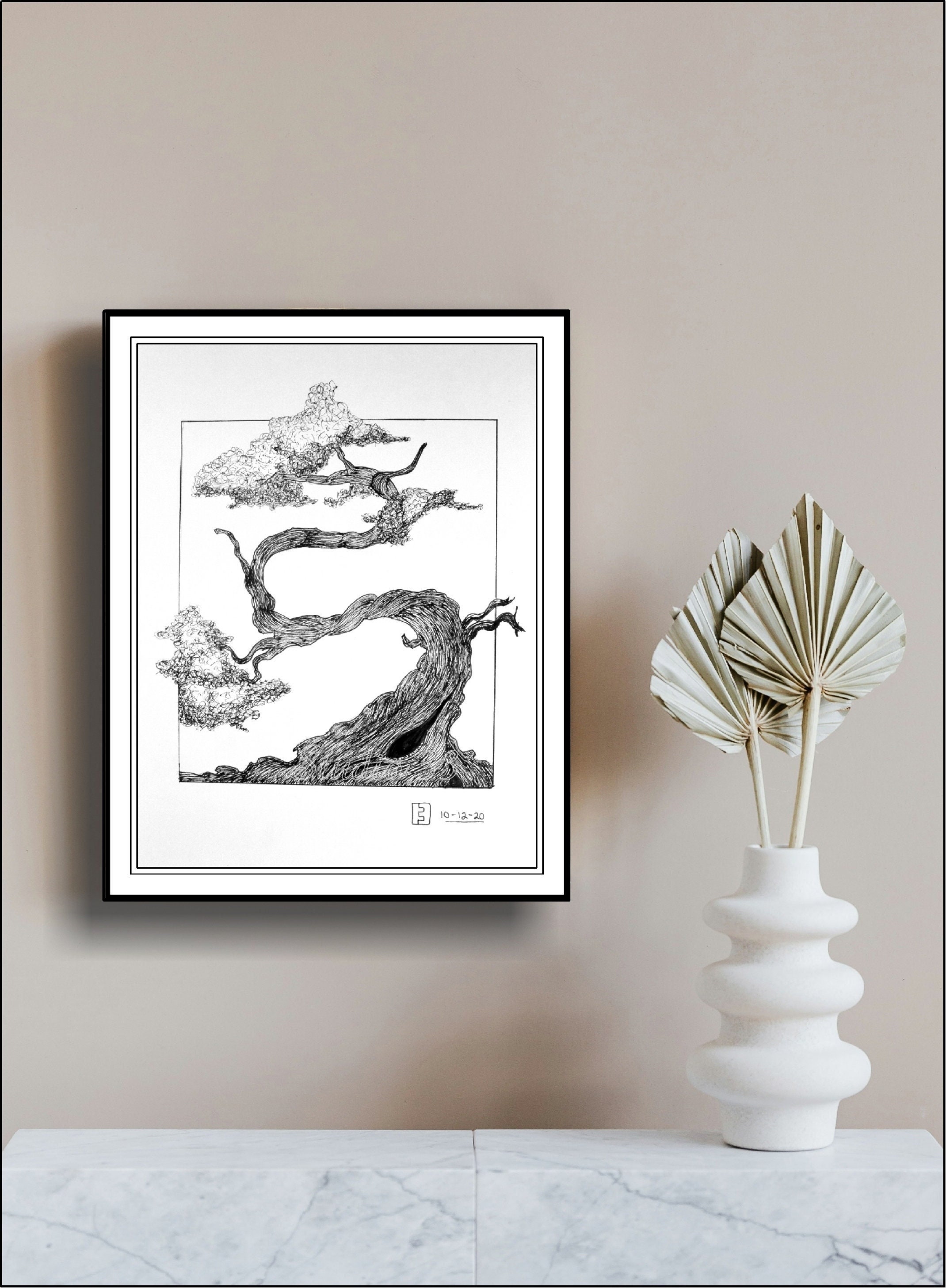 Japanese Bonsai Tree Pen & Ink Sketch, Downloadable Asian