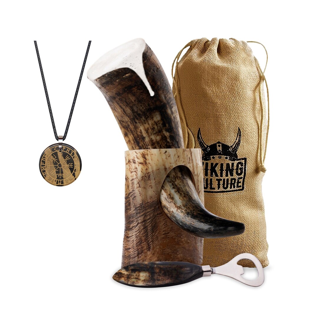 Viking Culture Beer Horn Mug Set Medieval Drinkware With Stand Norse