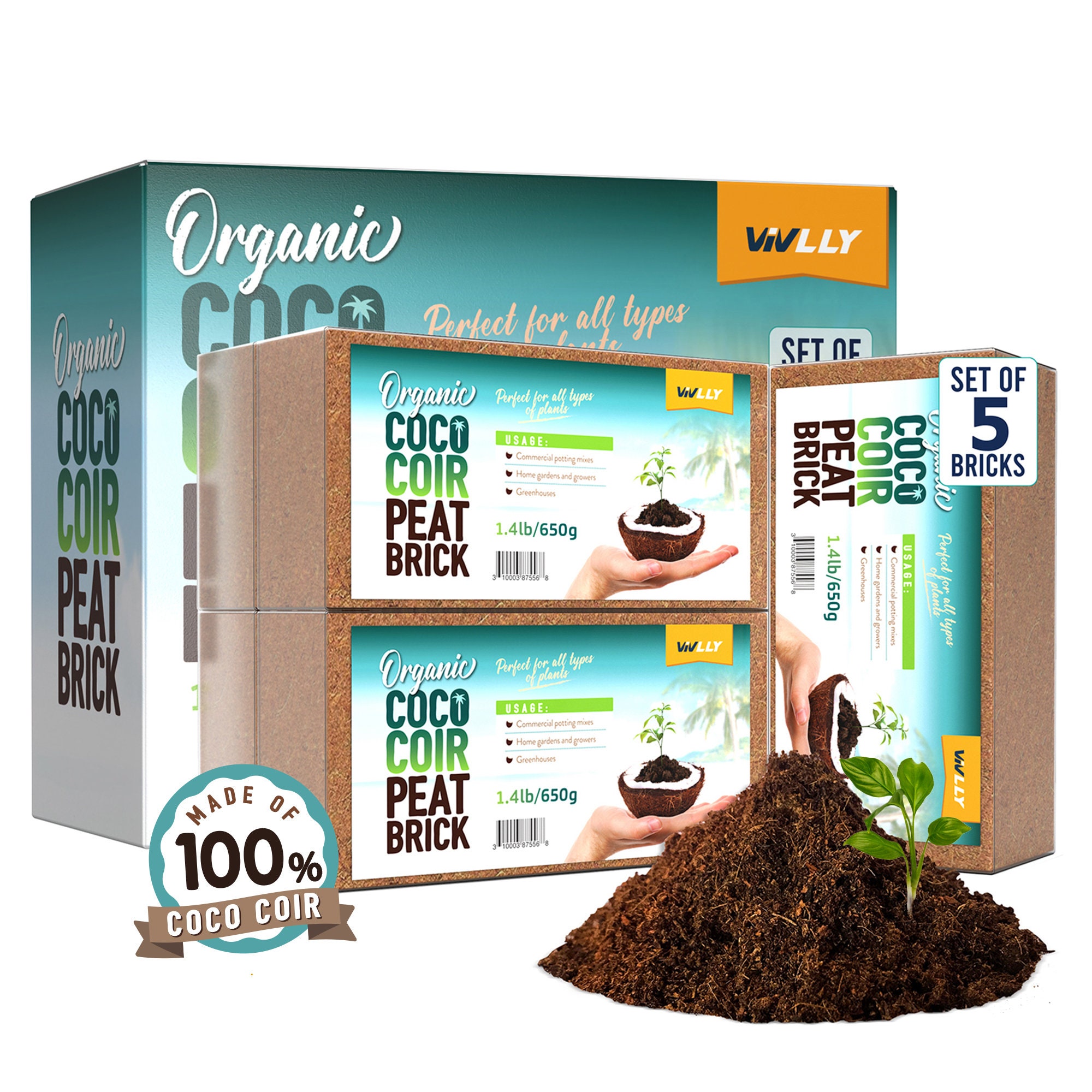 Coco Coir Brick for Plants, 8 Packs 100% Natural Organic Compressed Coconut  Coir Fiber with Low EC & PH Balance, High Nutrition Coconut Soil Coco