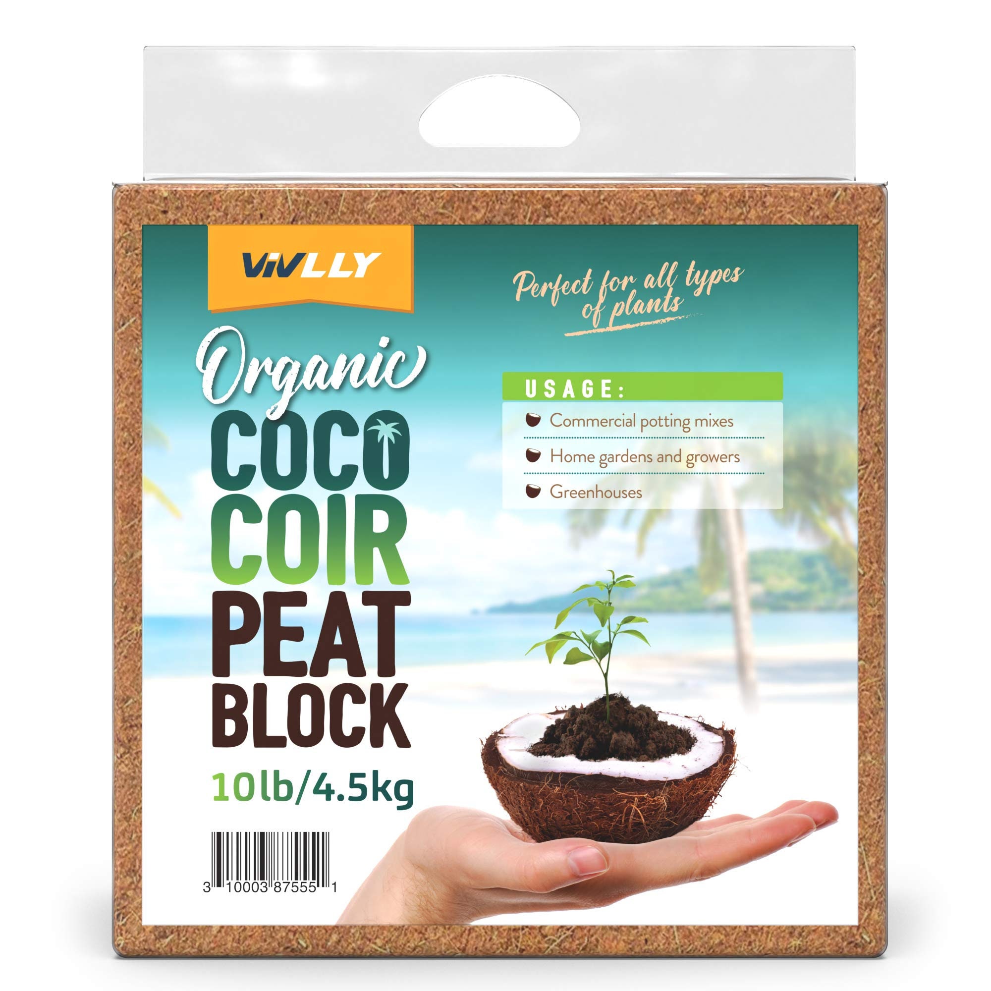Compressed Coco Peat Organic Coir Block 10 Pounds Pack Natural Seed Starter  With Low EC and PH Balance by Vivlly Planting Soil Mix 