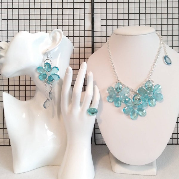 Sunflower necklace, Pinky ring, Earrings, Lucite light blue parure jewelry set, For women