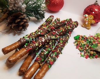 Christmas Themed Chocolate Covered Pretzel Rods Milk Chocolate