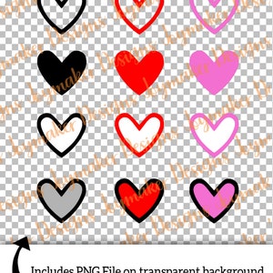 K&ouml;nnte beinhalten: Satz von neun herzf&ouml;rmigen Umrissen in verschiedenen Farben, darunter Schwarz, Wei&szlig;, Rot, Rosa und Grau. Die Herzen haben einen dicken schwarzen Umriss und sind in einem Raster angeordnet.