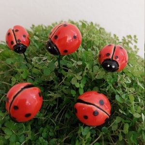 Miniature ceramic ladybug on florist wire (1 pc) | Ceramic ladybug-flower | Great decoration for home and garden! | Handmade | Perfect gift