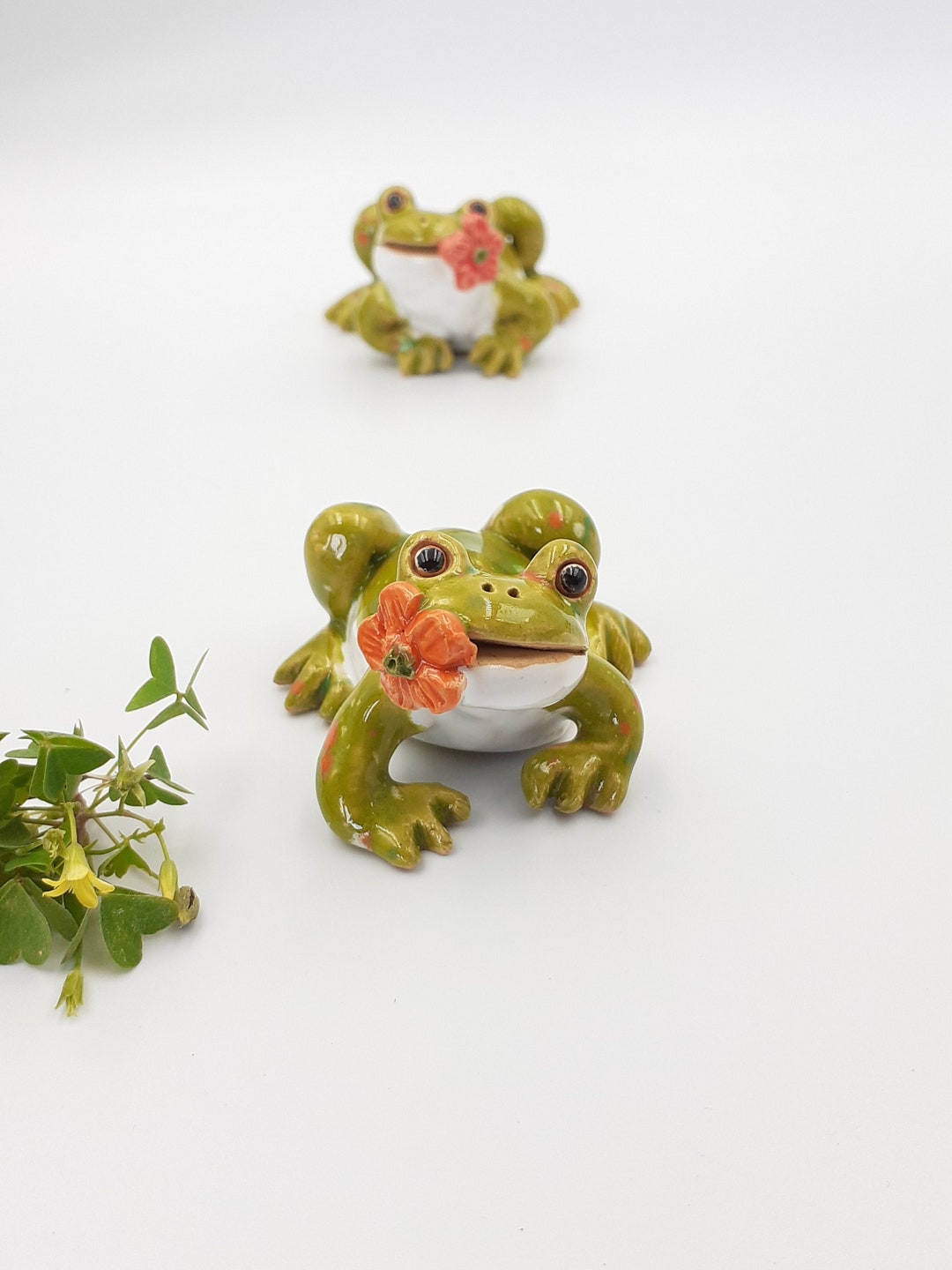 Ceramic Frog With Flower Handformed and Handpainted Ceramic Sculpture Decorative Figurine