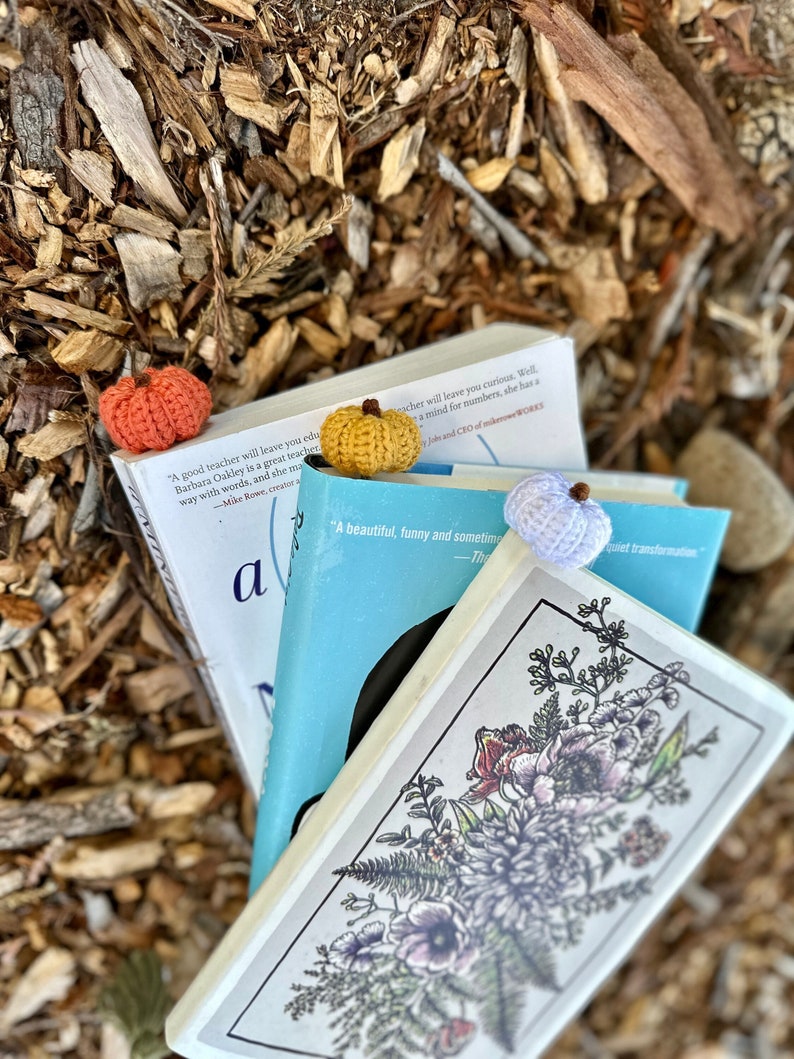 May include: Three crocheted book markers in the shape of pumpkins and a flower. The pumpkins are orange, yellow, and white. The flower is white. The book markers are on top of a stack of books. The top book has a floral design on the cover. The text on the book reads "A beautiful, funny and sometimes quiet transformation."