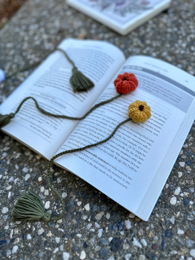 May include: A close-up of a book with a green and brown bookmark with tassels. The bookmark has crocheted flowers attached to it. The book is open to a page with text about memory techniques.