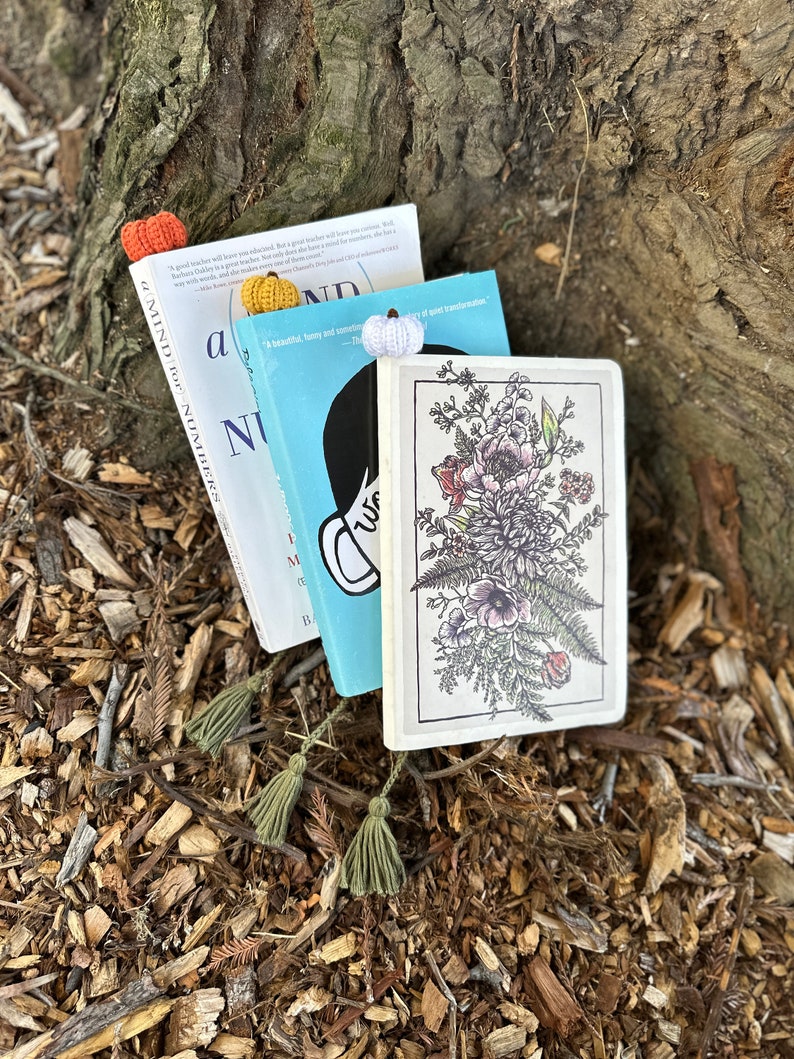 May include: Three books with crocheted bookmarks. The top book is titled "A Mind for Numbers". The middle book is titled "a beautiful, funny and sometimes quite transformative..." The bottom book has a floral design on the cover.
