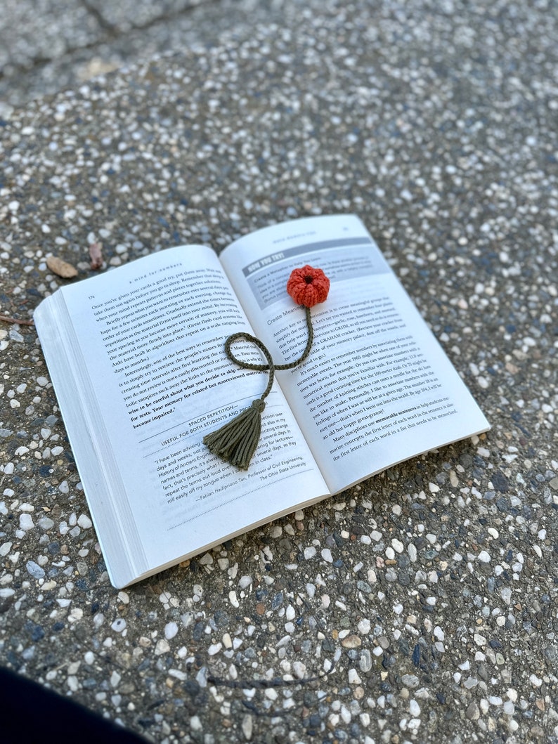 May include: A green and brown crocheted bookmark with a tassel and a red flower on top. The bookmark is placed on an open book with the text "Create Meaningful Experiences" visible.