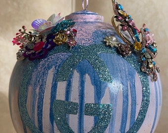 Luxurious Handcrafted Designer Ornament for all Fashion Lovers! 8” glass ball ornament, one of a kind