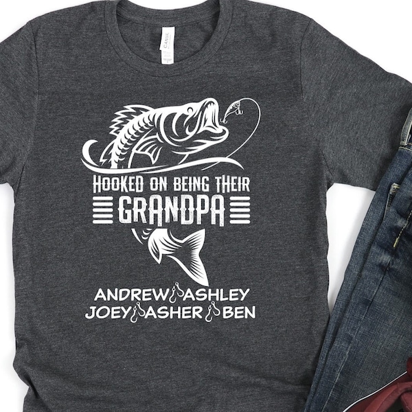 Personalized Fishing Grandpa Shirt/ Custom Grandkids Names Gift/ Hooked On Being Their Grandpa/ Customized Fishing Shirt