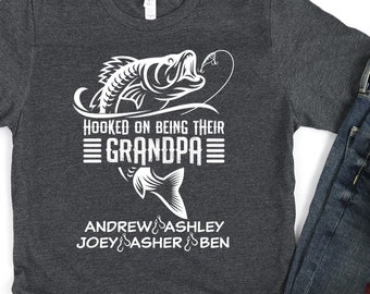 Personalized Fishing Grandpa Shirt/ Custom Grandkids Names Gift/ Hooked On Being Their Grandpa/ Customized Fishing Shirt