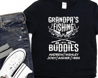 Customized Fishing Grandpa Shirt/ Personalized Grandkids Names Tshirt Gift/ Grandpa's Fishing Buddies/ Custom Fisherman Short-Sleeve T-Shirt