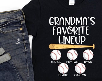 Camiseta de béisbol para abuela/Regalo personalizado para abuela/Alineación favorita de la abuela/Camiseta de béisbol para abuela con nombres de nietos