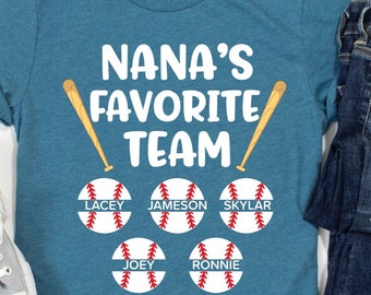 Camisa de béisbol Nana/ Regalo personalizado de Nana de béisbol/ Equipo favorito de Nana/ Regalo de la abuela de béisbol/ Linda camisa de Nana de béisbol con nombres de nietos