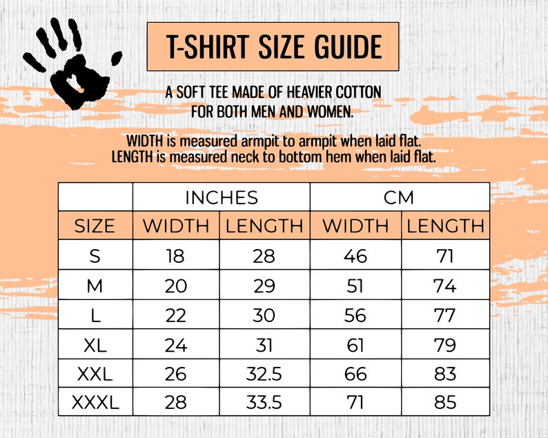 May include: T-shirt size guide with measurements in inches and centimeters. The chart shows sizes S through XXXL with corresponding width and length measurements.