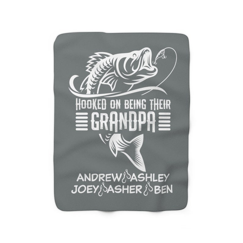 high-quality rectangle blanket printed name, bass fish image, and the phrase "Hooked On Being Their Grandpa" on a solid color background
