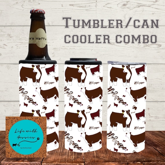 Happily Hereford, Water bottle, 20 oz tumbler or 4 in 1 can/bottle cooler tumbler combo, showing, stock show, steer, heifer, cattle, gift