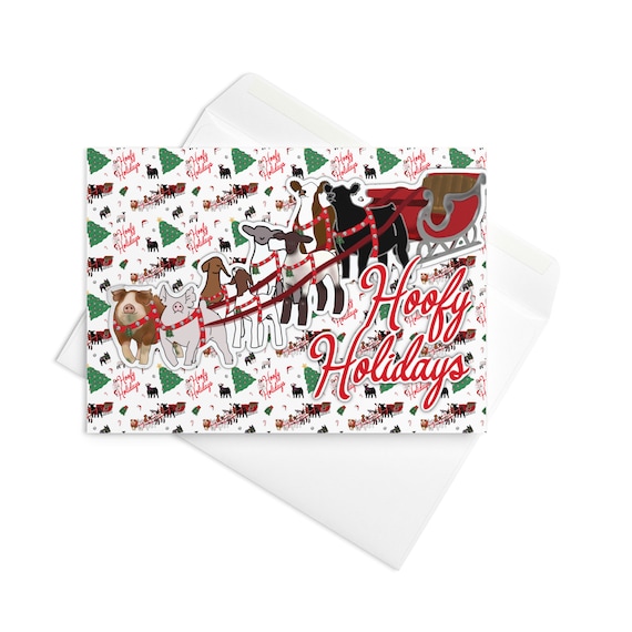 Hoofy Holidays Greeting card, show cattle, show pig, show sheep, lamb, show goat, showing livestock, christmas cards, holiday card, greeting