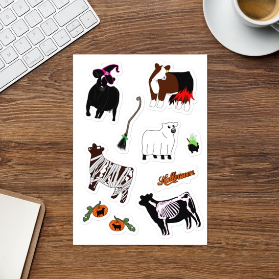 Halloween show cattle Sticker sheet, showing livestock, heifer, steer, planner stickers, show mom, show dad