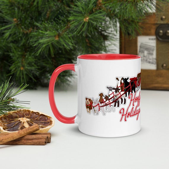 Hoofy Holidays, christmas mug, show cattle, sheep, lamb, goat, pig, showing livestock, stock show, show mom, show dad, Mug with Color Inside