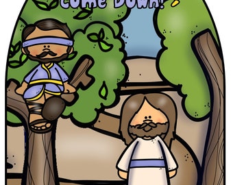 Könnte beinhalten: Eine Cartoon-Illustration, die eine biblische Szene darstellt. Das Bild zeigt einen Mann in einem Baum und einen anderen Mann darunter. Der Text oben lautet "Zacchaeus, You Come Down!" Die Farbpalette umfasst Grün-, Braun- und Blautöne.