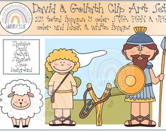May include: Clip art set featuring David and Goliath from the Bible story. The set includes 25 images in color and black and white, in SVG, PNG, and JPG formats. The images include David, Goliath, a slingshot, a sheep, and a background.