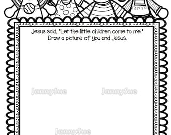 May include: Black and white printable worksheet with a border of scalloped edges. The worksheet has a space for a name at the top and a large blank space in the middle. The text "Jesus said, "Let the little children come to me." Draw a picture of you and Jesus." is at the top of the worksheet.