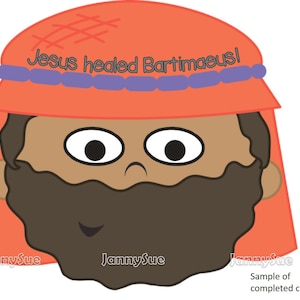 May include: A printable craft for kids featuring a cartoon illustration of a blind man with a red turban and the text "Jesus healed Bartimaeus!"